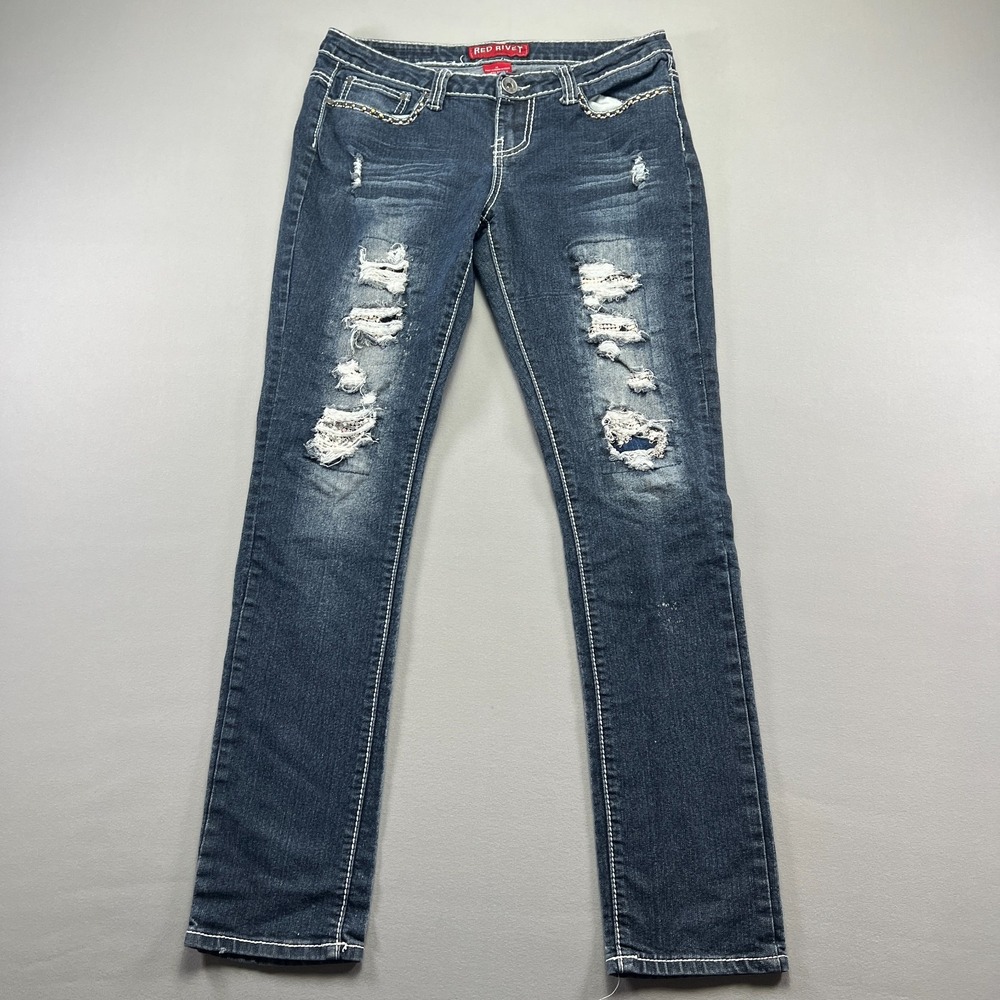 Red Rivet Skinny Jeans Women 11 Blue Whisker Denim Stretch Distressed Rhinestone